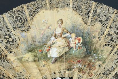 null La jeune fille et l'amour, circa 1890
Folded fan, needle lace leaf with floral...