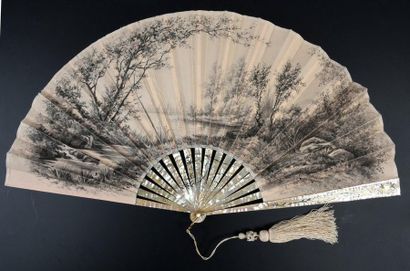 null In the undergrowth, circa 1890
Folded fan, the silk sheet printed in charcoal...