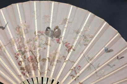 null Couple of birds, circa 1890
Large fan, painted pink gauze leaf of a couple of...