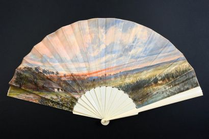 null Sunset sun, circa 1890
Large cream satin fan painted with an exotic panorama...