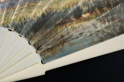 null Sunset sun, circa 1890
Large cream satin fan painted with an exotic panorama...