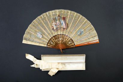 null Lebreton, L'arrivée à la soirée, ca. 1920
Folded fan, the leaf richly embroidered...
