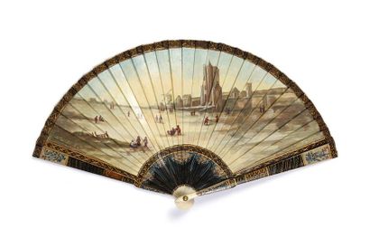 null The skaters, circa 1900
Rare broken bone fan painted with a winter scene showing...
