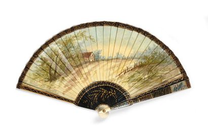 null The skaters, circa 1900
Rare broken bone fan painted with a winter scene showing...