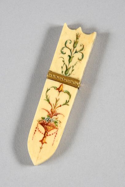 null Bone needle case in the shape of a quiver painted with roses and a woman playing...