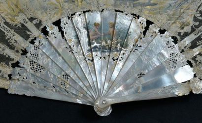 null A. Faugeron,La nymphe et l'amour, circa 1900
Folded fan, needle lace leaf, Point-de-Gaze,...