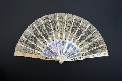 null In the cipher, circa 1900
Folded fan, of order, the needle lace leaf, Point-de-Gaze,...
