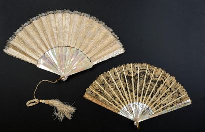 null Two fans, late 19th century *one, the lace leaf with bobbins enhanced with steel...