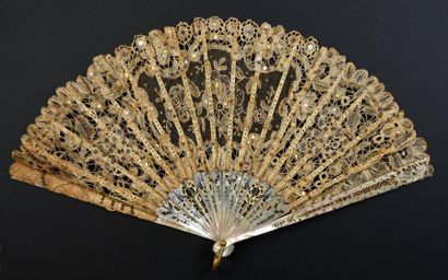 null Two fans, late 19th century *one, the lace leaf with bobbins enhanced with steel...