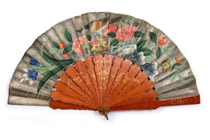 null Bambou orange, Chine, vers 1850
Éventail plié, la feuille double en peau, peinte...
