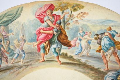 null L'enlèvement des Sabines, vers 1690-1700
Feuille d'éventail en peau peinte de...