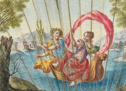null Le voyage d'Apollon, vers 1700-1720
Éventail plié, la feuille en peau peinte...
