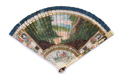 null The declaration, circa 1720
Broken type fan in cut and painted ivory of a scene...