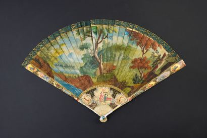 null The Boar Hunt, ca. 1700-1720
Broken type painted bone fan of a gathering of...