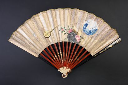 null The spinning of silk, circa 1780
Folded fan, the paper sheet painted with a...