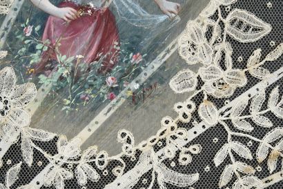 null Aufray, Jeune fille aux fleurs, vers 1890
Éventail plié, la feuille en dentelle...