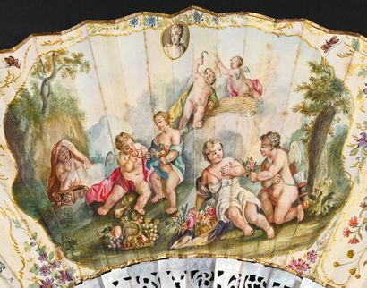 null Lovers in the four seasons, circa 1750
Folded fan, the leaf in skin, mounted...