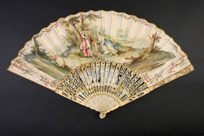null The spring, circa 1750
Folded fan, the leaf in skin, mounted in English, painted...