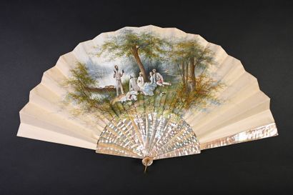 null F. Houghton, Lunch on the Grass, ca. 1890
Folded fan, the cream satin leaf painted...