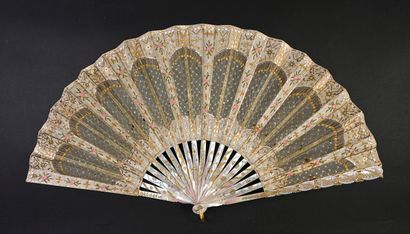 null Roses in ribbons, circa 1900
Folded fan, the cream silk leaf embroidered with...