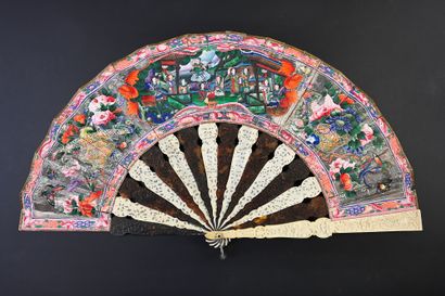 null Ivory and tortoiseshell, China, ca. 1850
Folded fan, the double sheet of gouache-painted...