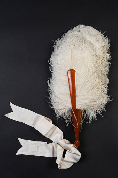 null White feathers, circa 1890
White ostrich feather fan.
Blonde tortoiseshell frame....