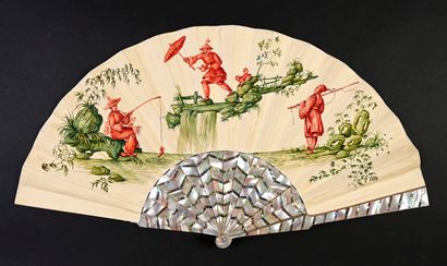 null Mother of pearl inlay, circa 1880
Rare folded fan, the leaf painted on a beige...