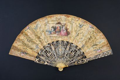 null The pretty singer, circa 1780
Folded fan, the silk leaf painted with foliage...