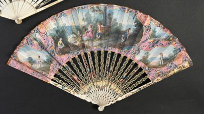null Two fans, circa 1780 *One, the silk leaf painted with two flowering vases framing...