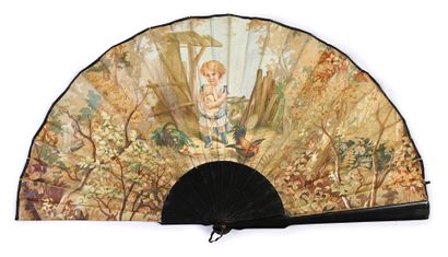 null The Broken Eggs, ca. 1890
Folded fan, printed in color of a child in a henhouse,...