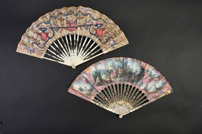 null Two fans, circa 1780 *One, the silk leaf painted with two flowering vases framing...