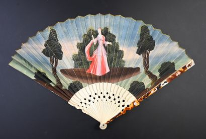 null The gallant tributes, circa 1730
Folded fan, the double gouache-painted paper...