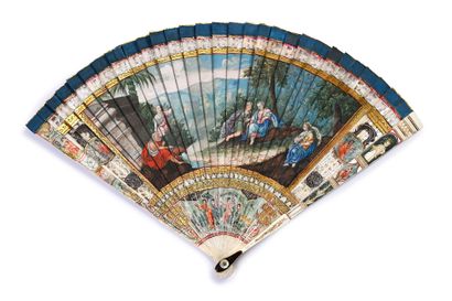 null The declaration, circa 1720
Broken type fan in cut and painted ivory of a scene...