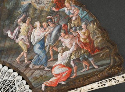 null Histoire romaine, vers 1700-1710
Éventail plié, la feuille en peau peinte d'une...