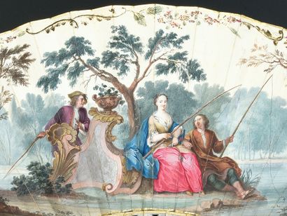 null La jolie pêcheuse, vers 1740-1750 Éventail plié, feuille en peau, montée à l'anglaise,...