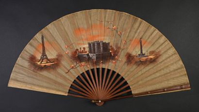 null Revoir Paris, circa 1889
Folded fan, the brown gauze sheet painted in a cameo...