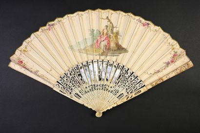 null The spring, circa 1750
Folded fan, the leaf in skin, mounted in English, painted...