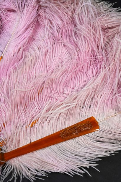 null Pink feathers, circa 1920
Ostrich feather fan, tinted pink, called half-pleasure...