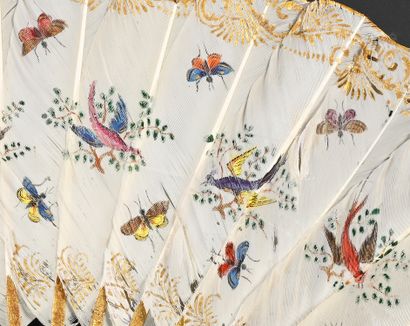 null Colored birds and butterflies, circa 1830
Painted goose feather fan, in a frame...