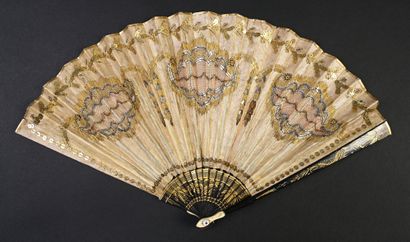 null Small pink clouds, circa 1800
Folded fan, the cream silk leaf painted with three...