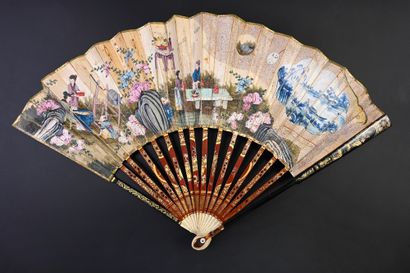 null The spinning of silk, circa 1780
Folded fan, the paper sheet painted with a...