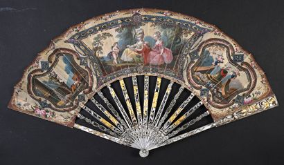 null The love guitarist, circa 1780
Folded fan, silk leaf embroidered with gold and...