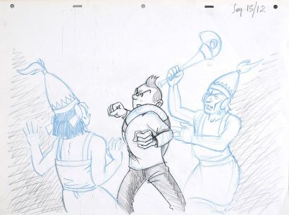 HERGE (STUDIOS) 
THE TEMPLE OF THE SUN.
Pencil lead and blue pencil for two rough...