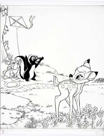Disney Studios 
BAMBI, FLOWER AND KITE PAN.
Ink on tracing paper. Size: 29,5 x 35...