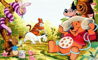 Disney Studios 
WINNIE THE POOH ON THE PHONE AND HIS FRIENDS.
Illustration with coloured...