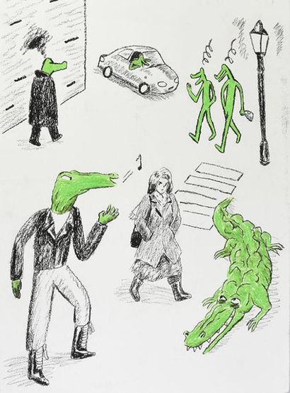 MATHIEU, Thomas (1984) 
AU MILIEU DES CROCODILES.
Illustration grand format Les crocodiles...