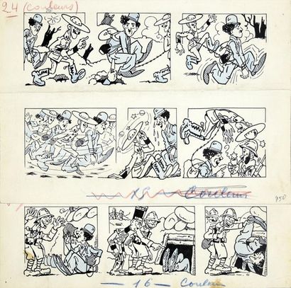 THOMEN, Raoul (1876-1950) 
CHARLOT AU FRONT Ensemble de 3 strips des aventures acrobatiques...