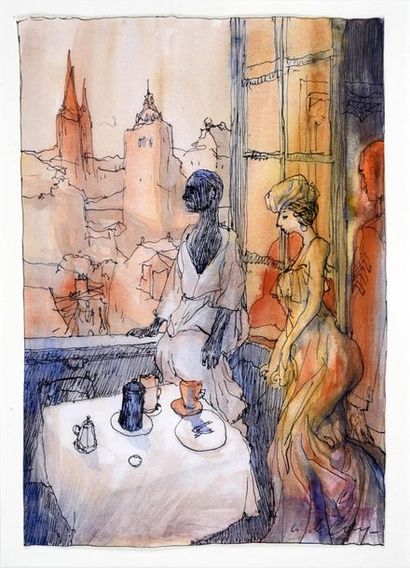 DE CRÉCY, Nicolas (1966) 
THE CAFÉ OF THE ELEGANT.
India ink and coloured ink.
Size:...