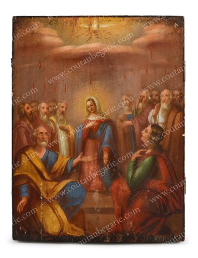 null HOLY MOTHER OF GOD SURROUNDED BY AN ASSEMBLY OF SAINTS. 
 Russian icon, tempera...