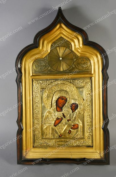  HOLY MOTHER OF GOD AND THE CHILD JESUS. Russian icon, tempera on wood, preserved...